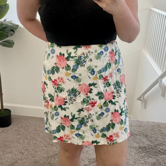 ⭐️ High-Waisted Linen-Blend Mini A-Line Floral Chic Glam Girly Hippie Mini Skirt - Picture 9 of 11